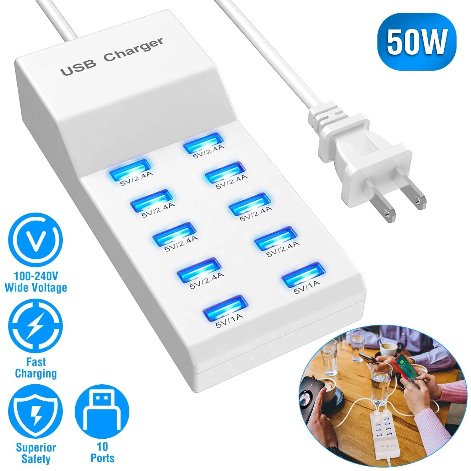 10-Ports 50W USB Wall Fast Charging Power Adapter