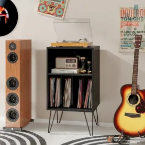 3-Tier Record Player Stand with Charging Station Shelf and 4 Dividers-Black