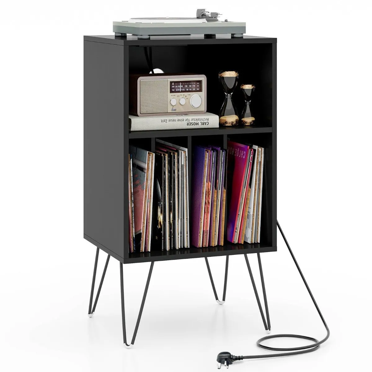 3-Tier Record Player Stand with Charging Station Shelf and 4 Dividers-Black