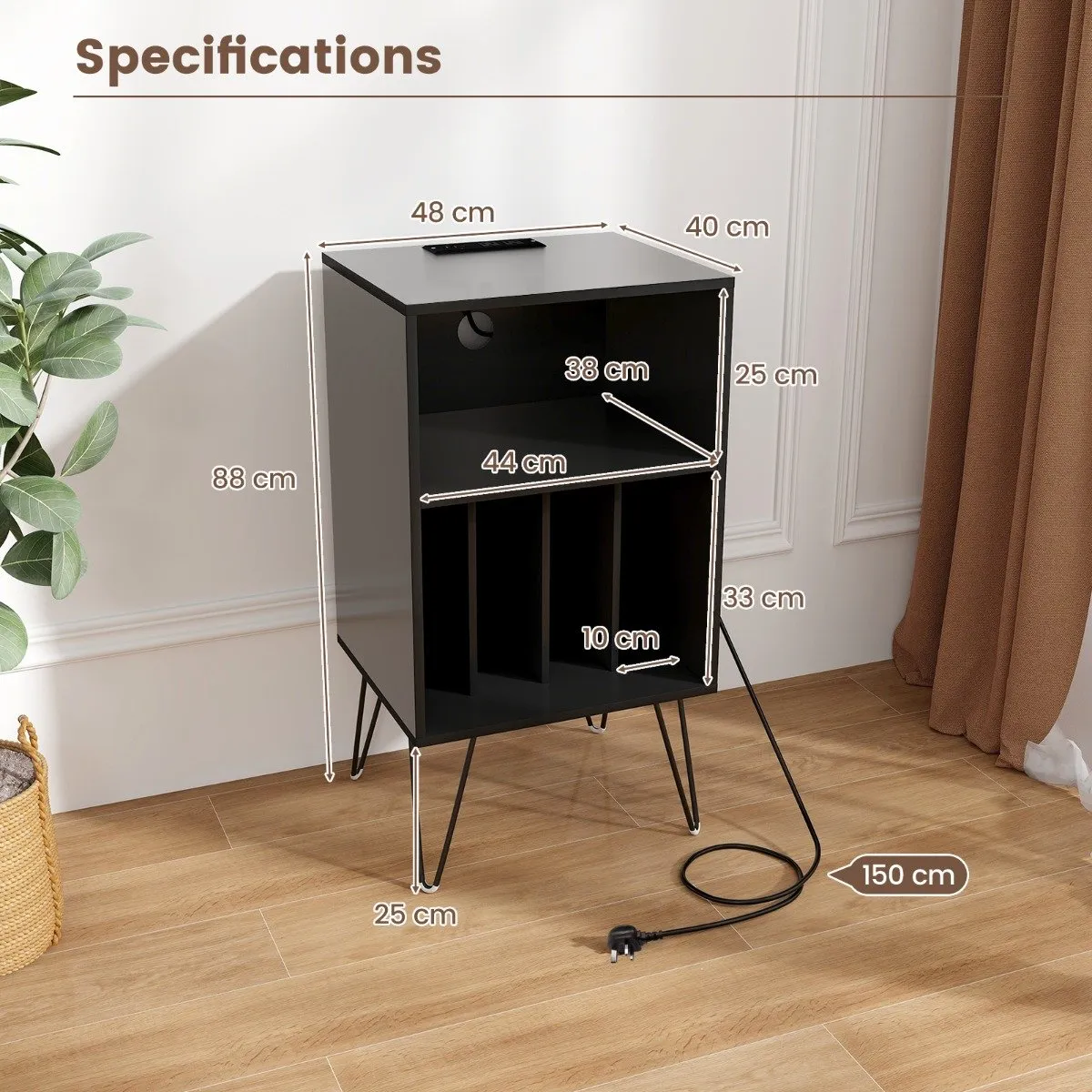 3-Tier Record Player Stand with Charging Station Shelf and 4 Dividers-Black