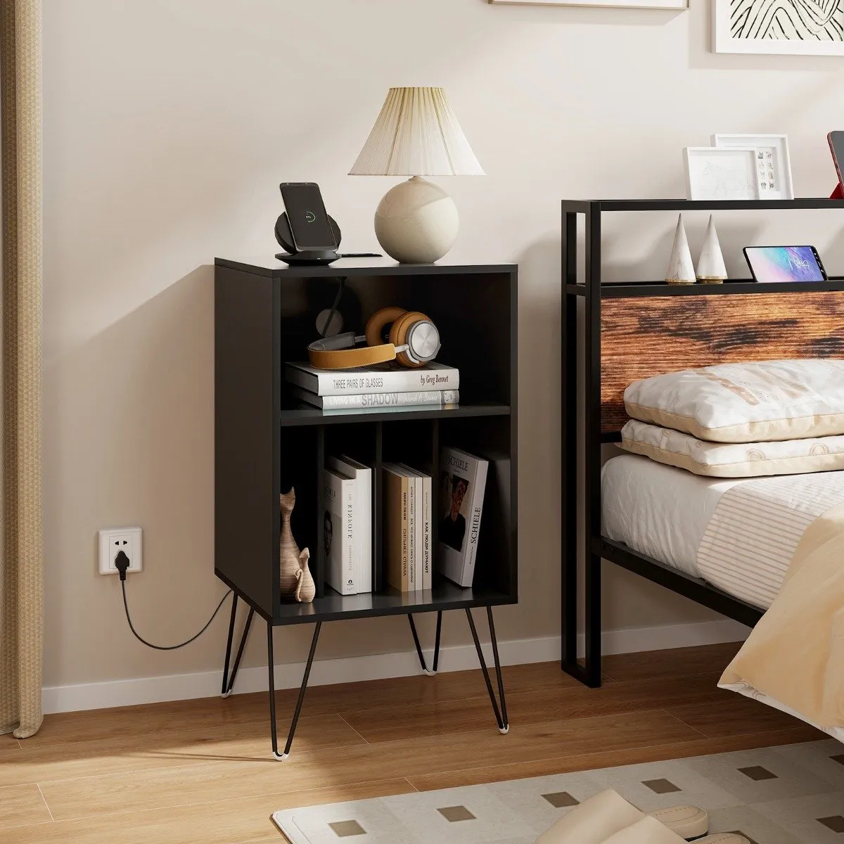 3-Tier Record Player Stand with Charging Station Shelf and 4 Dividers-Black