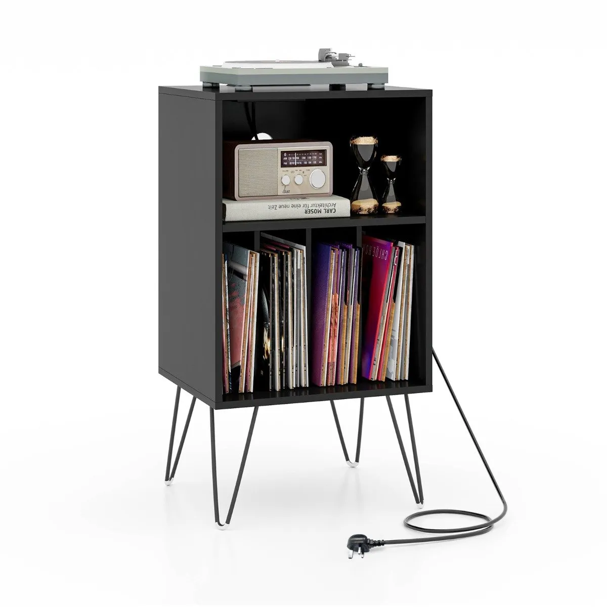 3-Tier Record Player Stand with Charging Station Shelf and 4 Dividers-Black