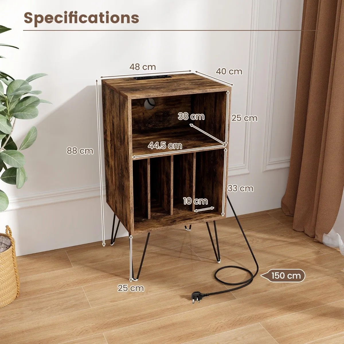 3-Tier Record Player Stand with Charging Station Shelf and 4 Dividers-Rustic Brown