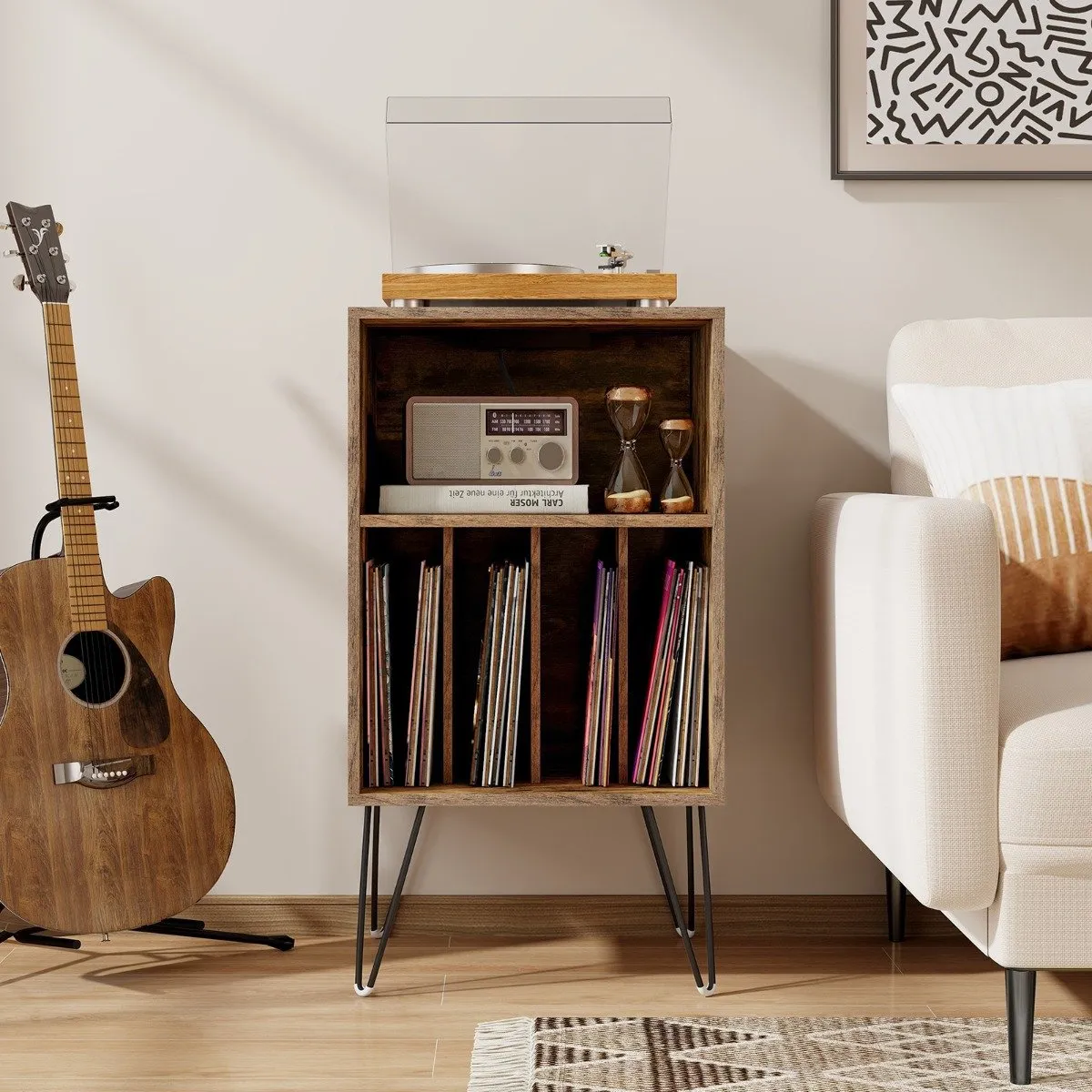 3-Tier Record Player Stand with Charging Station Shelf and 4 Dividers-Rustic Brown