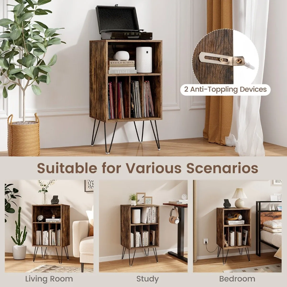 3-Tier Record Player Stand with Charging Station Shelf and 4 Dividers-Rustic Brown