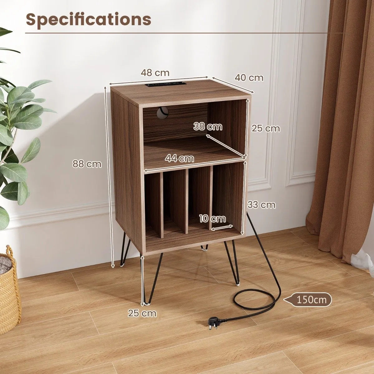 3-Tier Record Player Stand with Charging Station Shelf and 4 Dividers-Walnut
