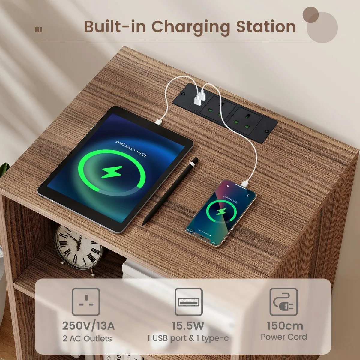 3-Tier Record Player Stand with Charging Station Shelf and 4 Dividers-Walnut