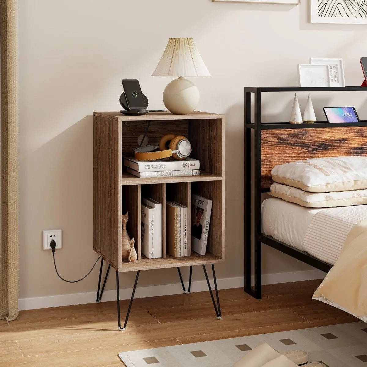 3-Tier Record Player Stand with Charging Station Shelf and 4 Dividers-Walnut