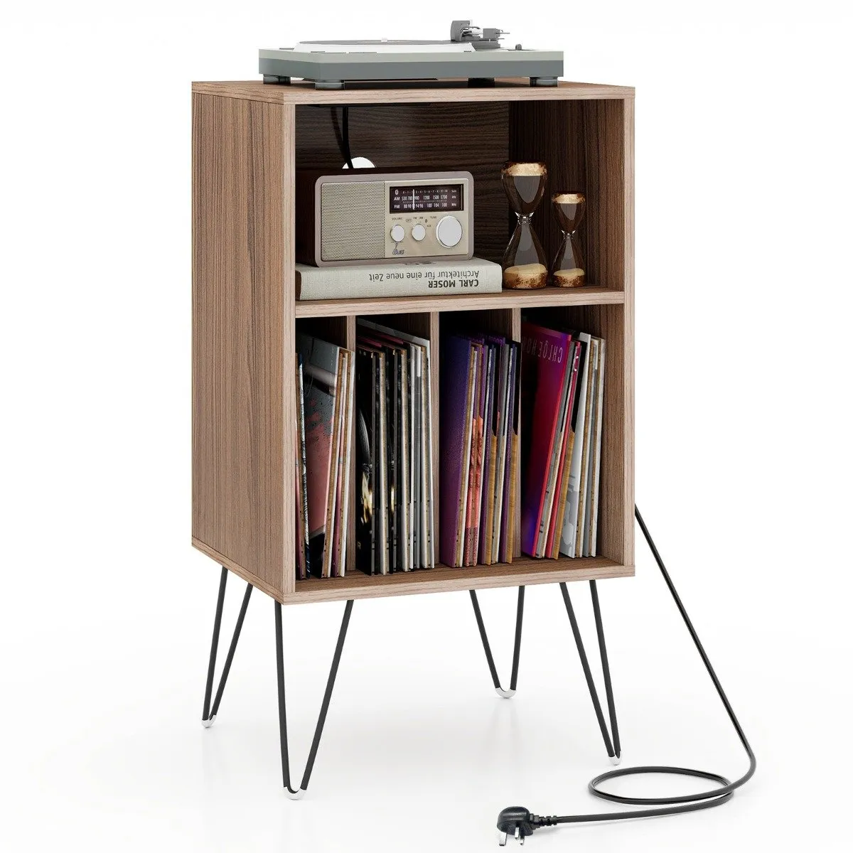 3-Tier Record Player Stand with Charging Station Shelf and 4 Dividers-Walnut