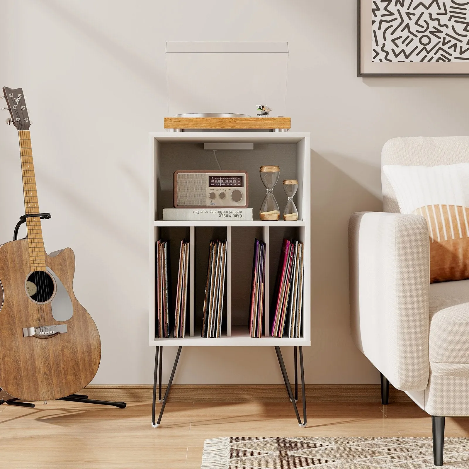 3-Tier Record Player Stand with Charging Station Shelf and 4 Dividers-White