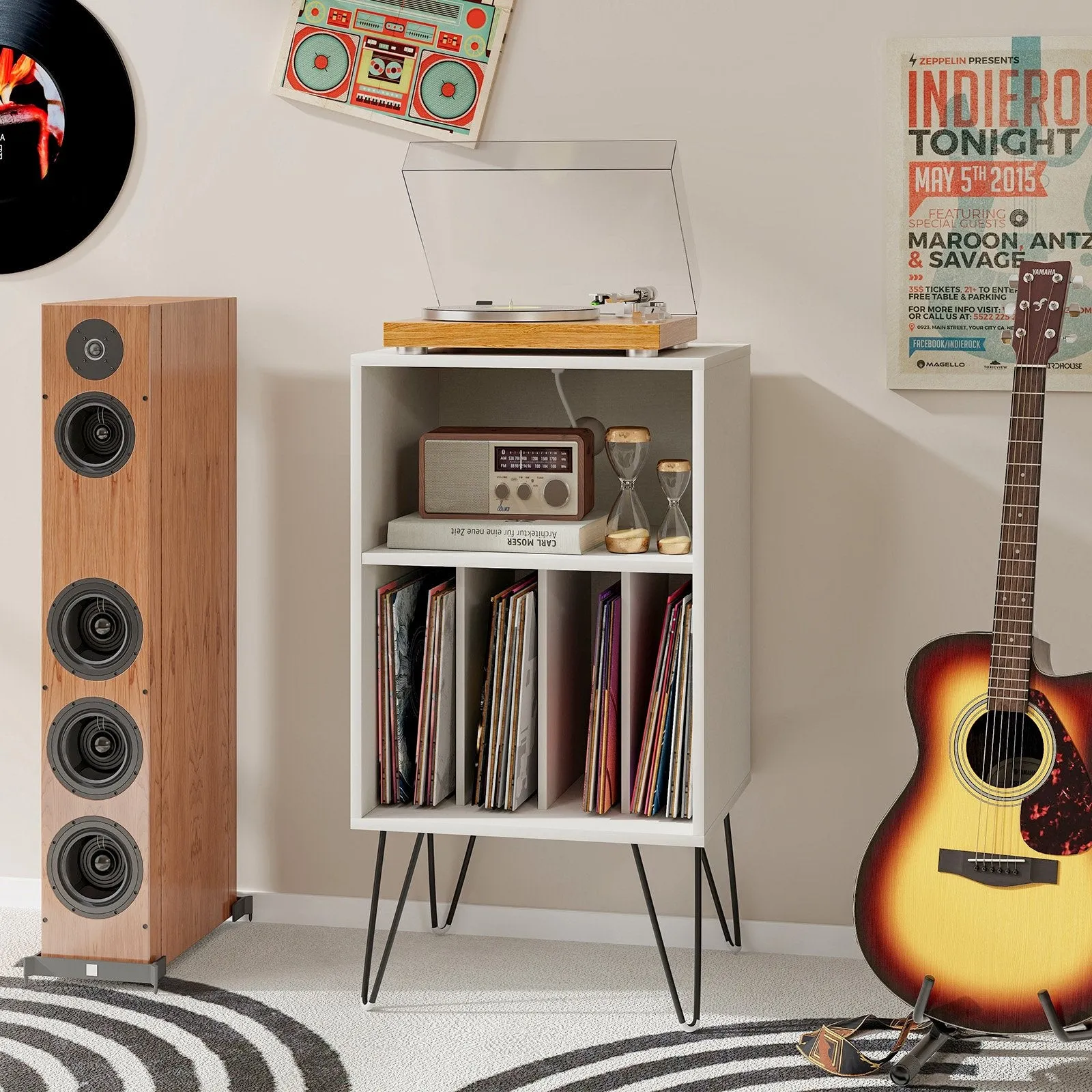 3-Tier Record Player Stand with Charging Station Shelf and 4 Dividers-White