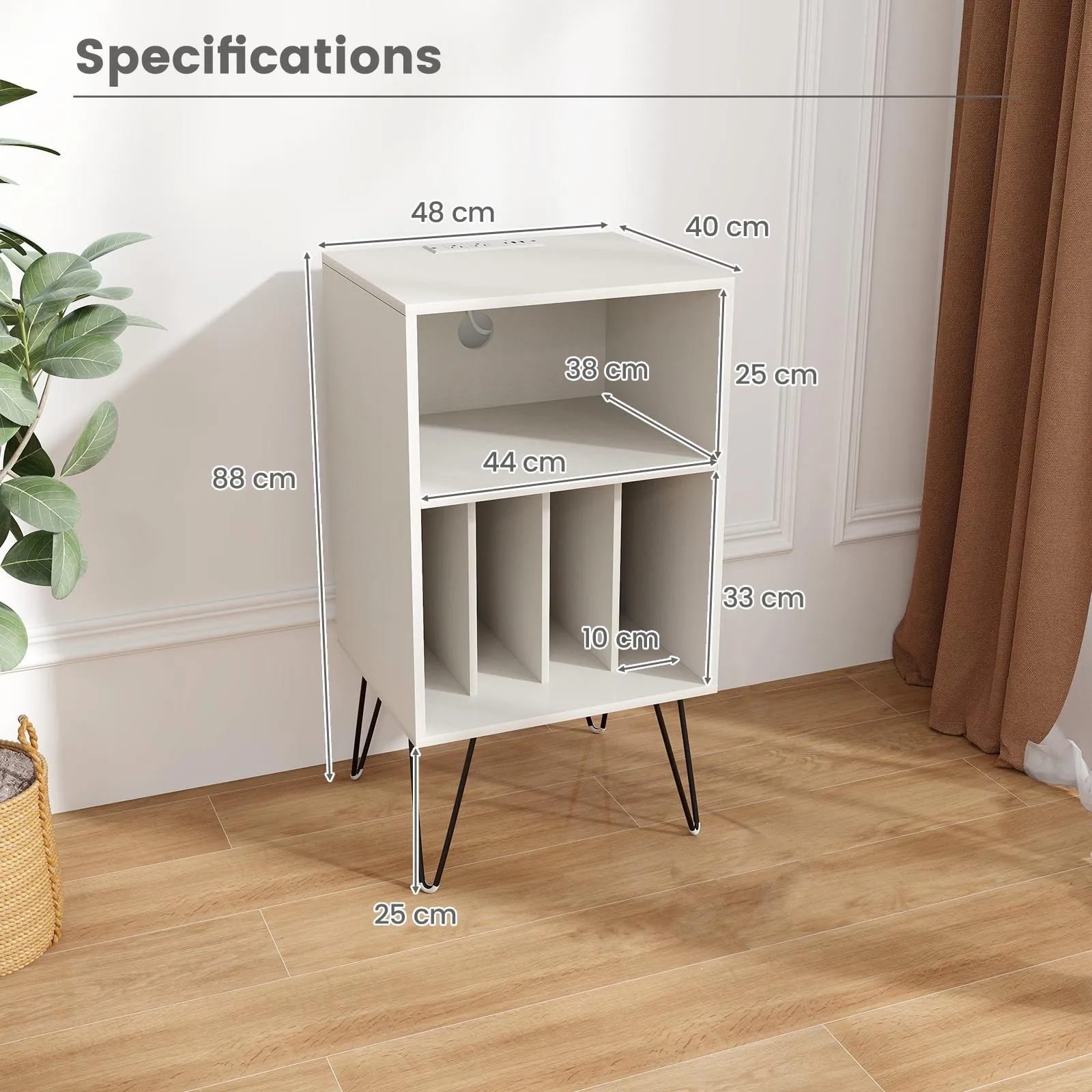 3-Tier Record Player Stand with Charging Station Shelf and 4 Dividers-White
