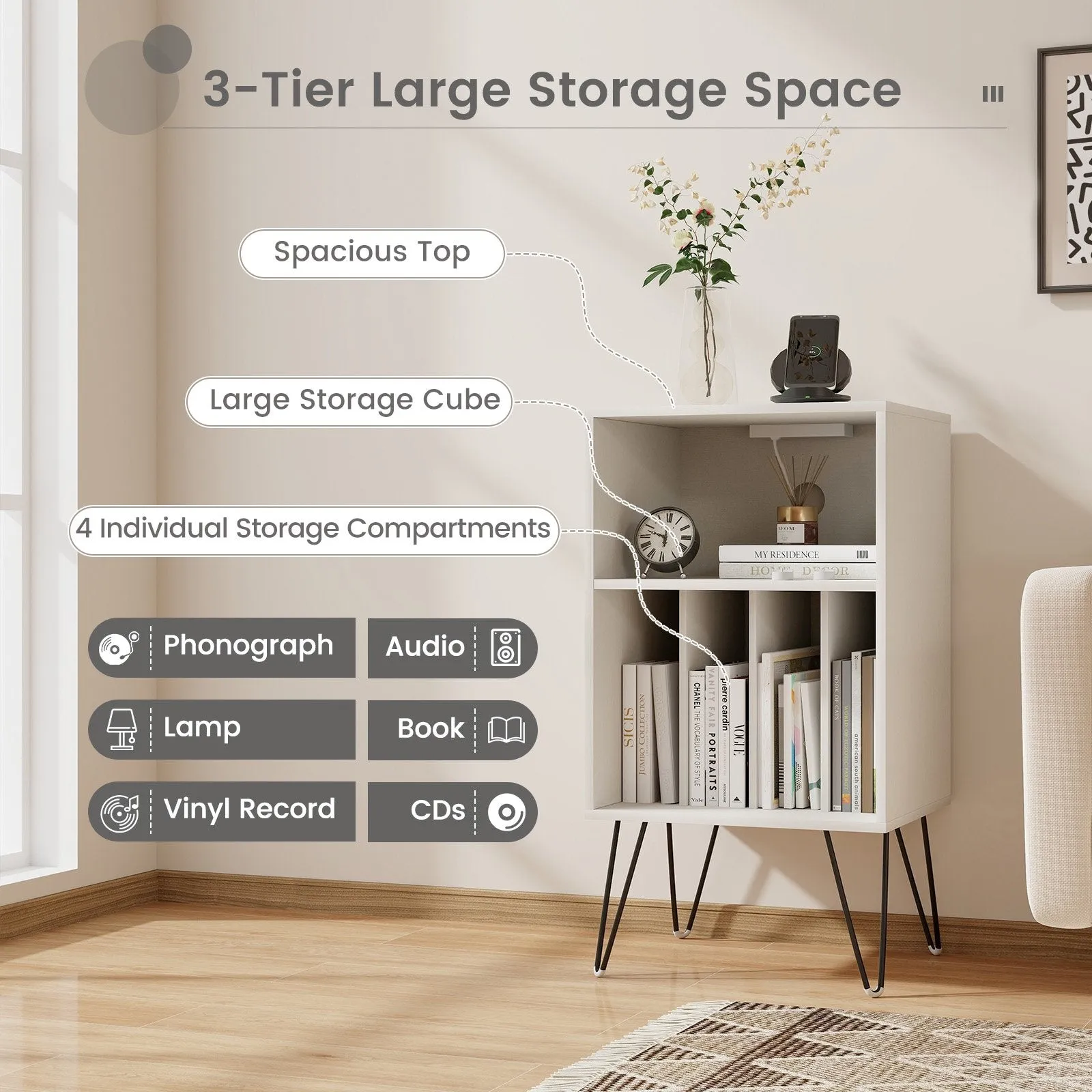 3-Tier Record Player Stand with Charging Station Shelf and 4 Dividers-White