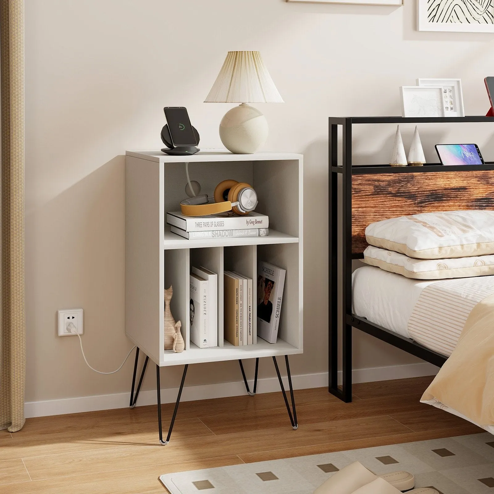 3-Tier Record Player Stand with Charging Station Shelf and 4 Dividers-White