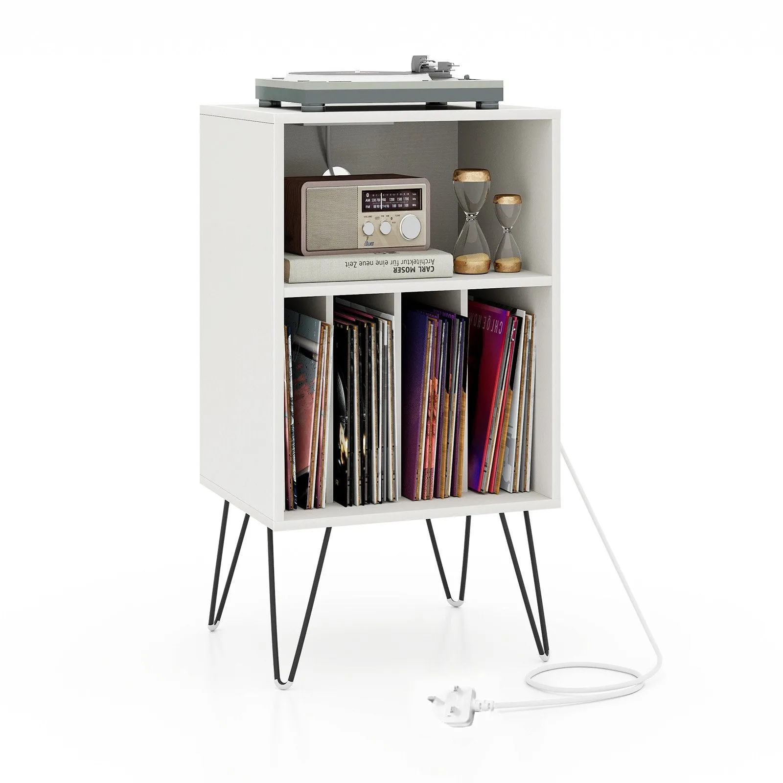 3-Tier Record Player Stand with Charging Station Shelf and 4 Dividers-White