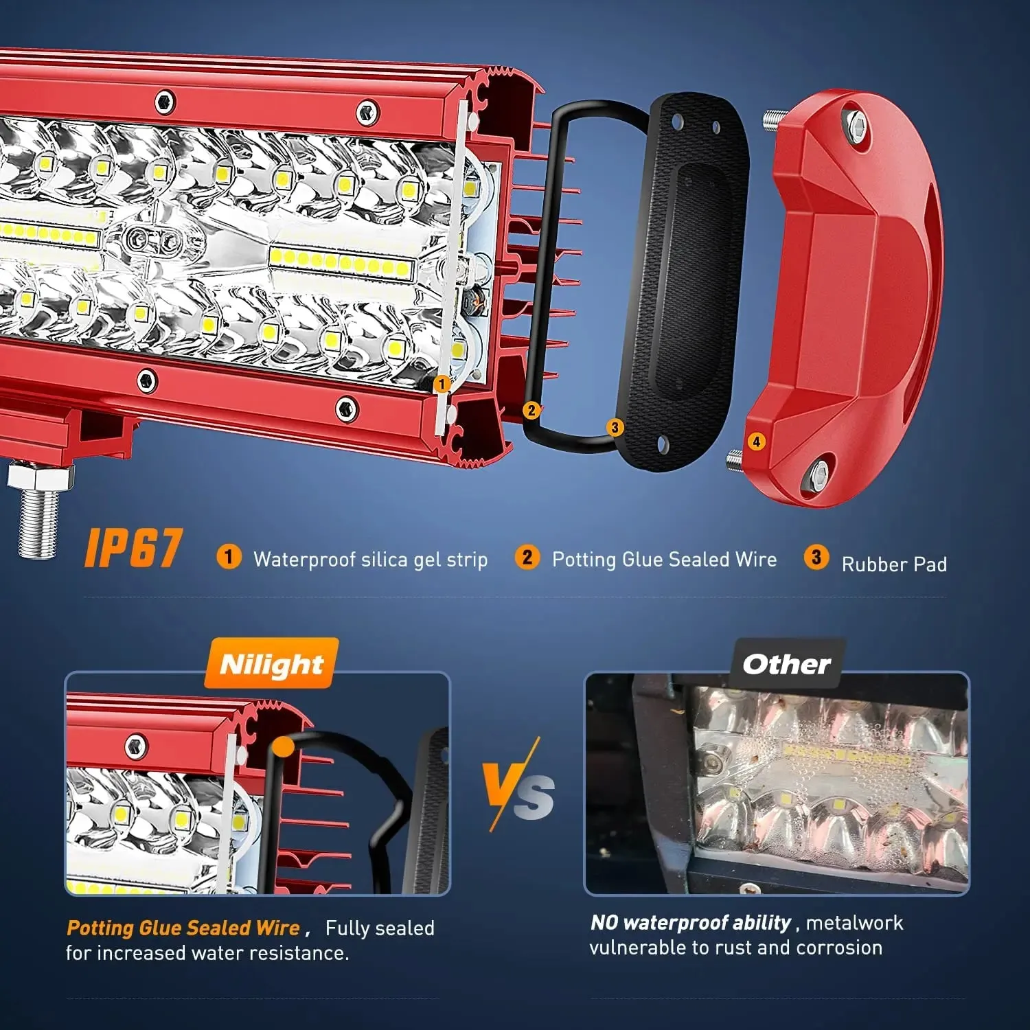 6.5 Inch 120W Triple Row Red Case Spot Flood LED Light Bars (Pair) | 16AWG Wire 3Pin Switch