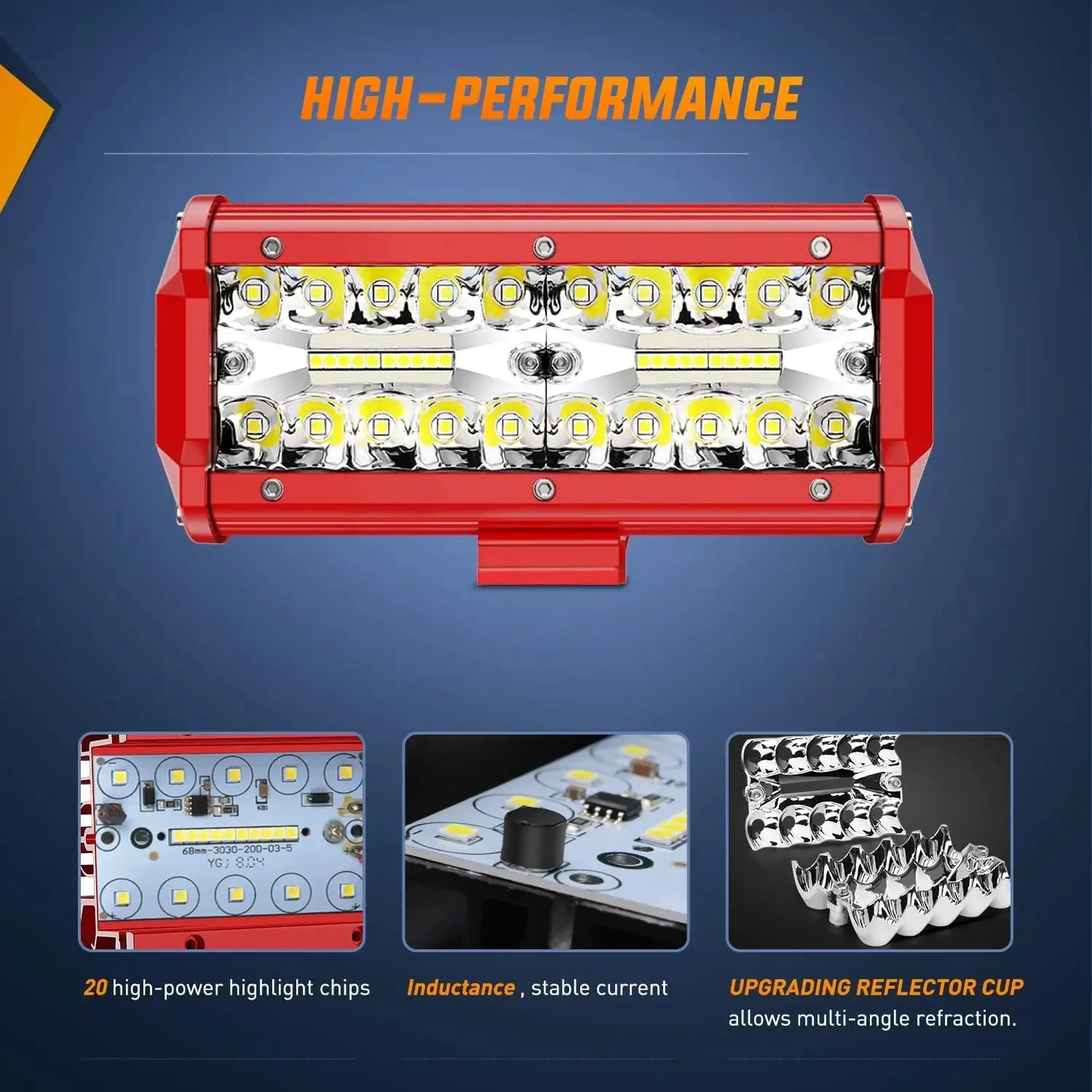 6.5 Inch 120W Triple Row Red Case Spot Flood LED Light Bars (Pair) | 16AWG Wire 3Pin Switch