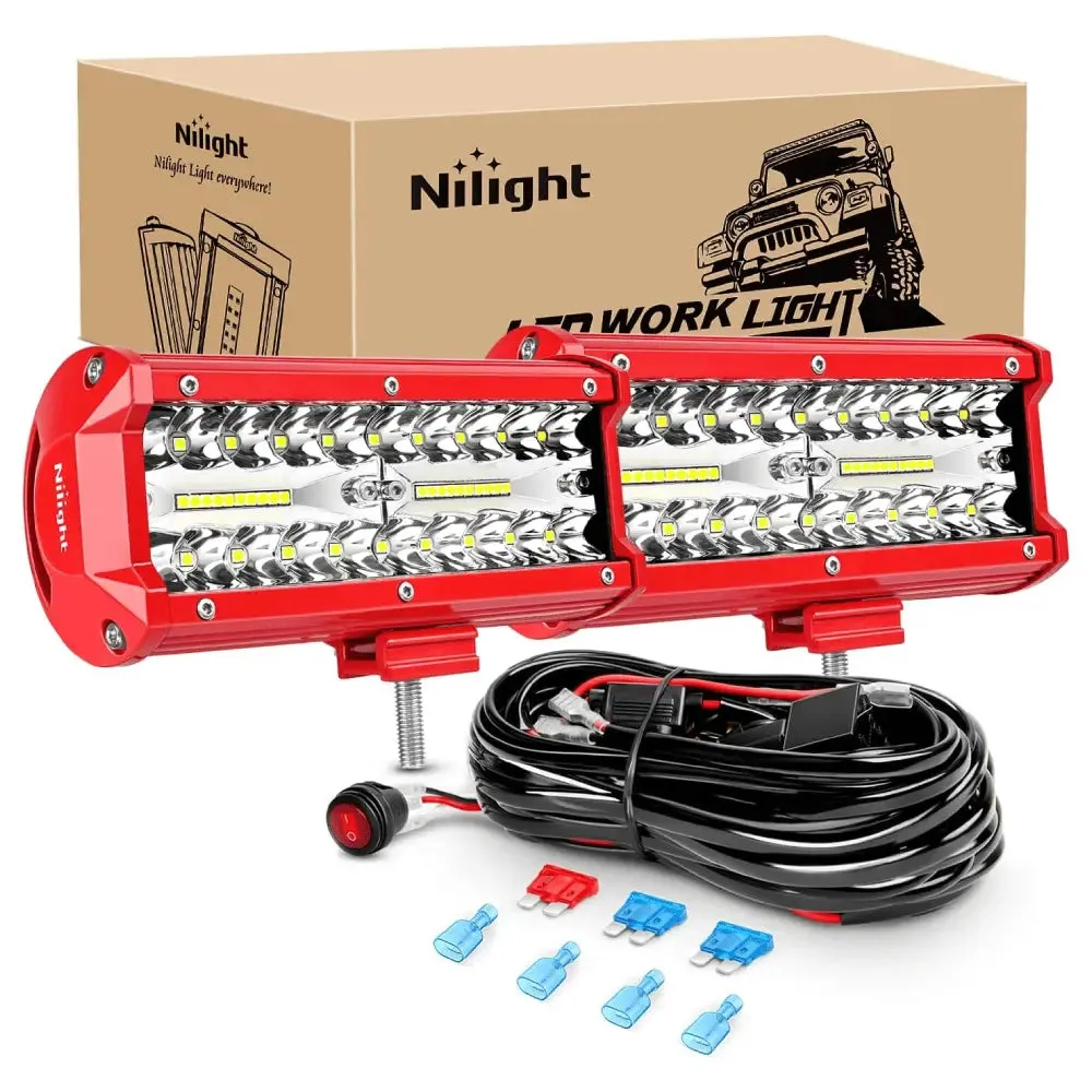 6.5 Inch 120W Triple Row Red Case Spot Flood LED Light Bars (Pair) | 16AWG Wire 3Pin Switch