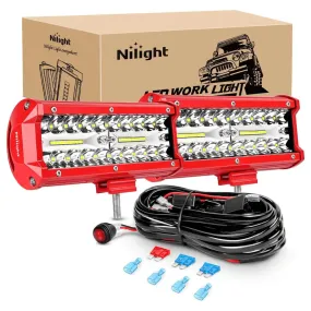 6.5 Inch 120W Triple Row Red Case Spot Flood LED Light Bars (Pair) | 16AWG Wire 3Pin Switch