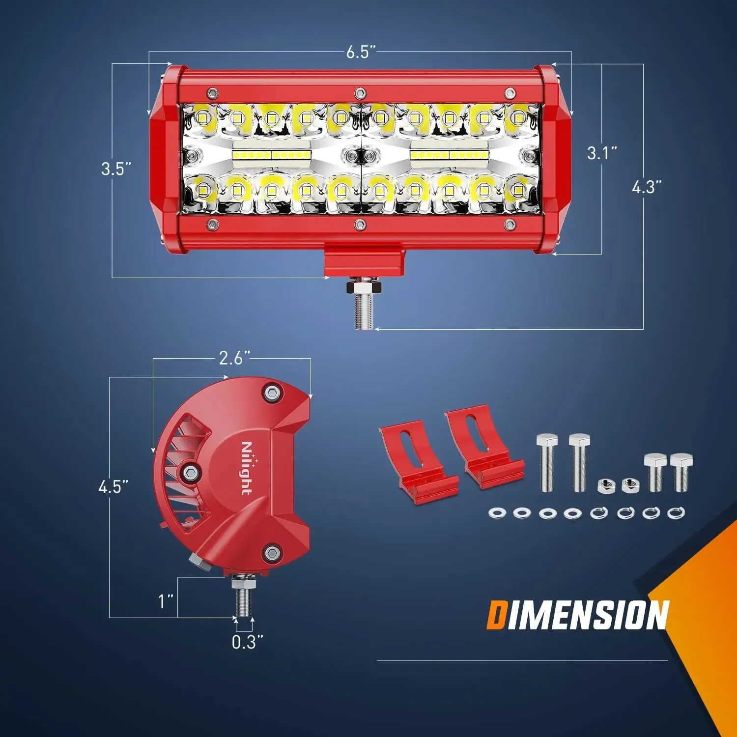 6.5 Inch 120W Triple Row Red Case Spot Flood LED Light Bars (Pair) | 16AWG Wire 3Pin Switch