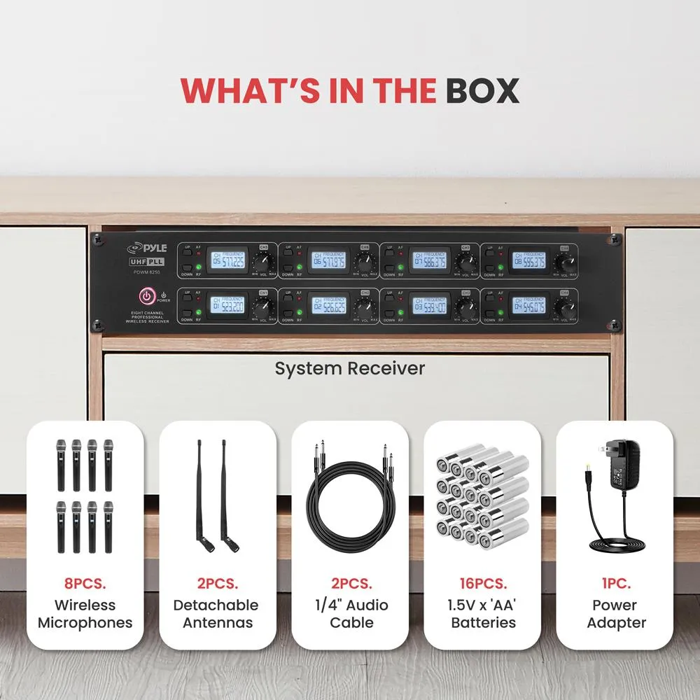 8-Channel Uhf Wireless Microphone & Receiver System, Includes (8) Handheld Wireless Mics