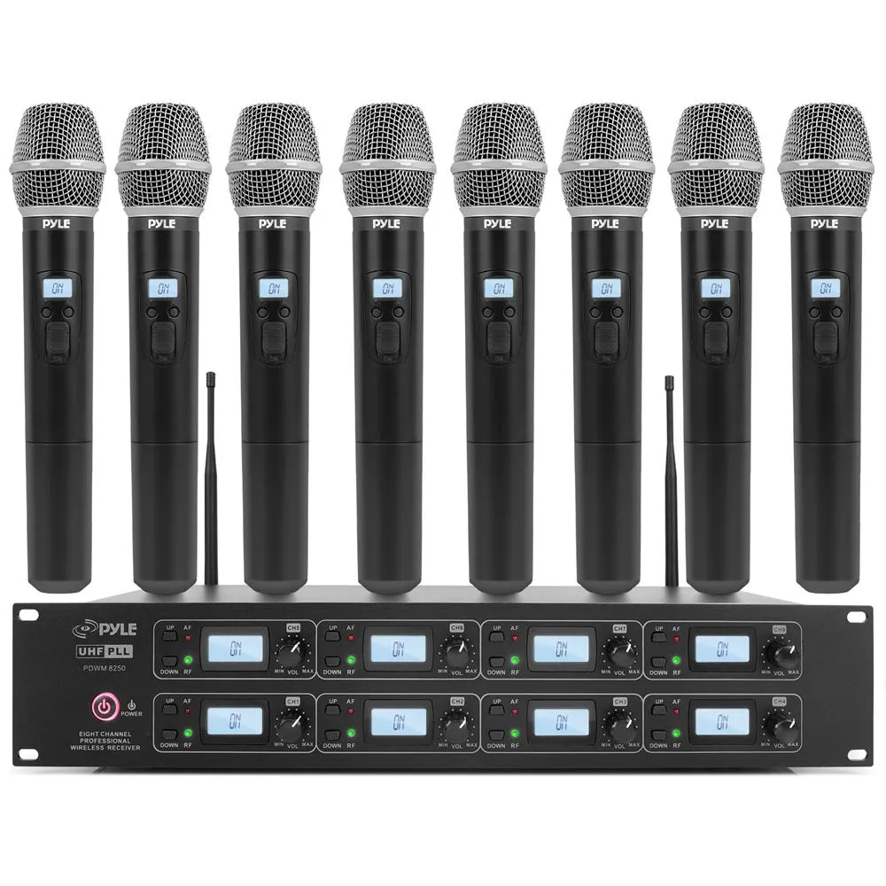 8-Channel Uhf Wireless Microphone & Receiver System, Includes (8) Handheld Wireless Mics
