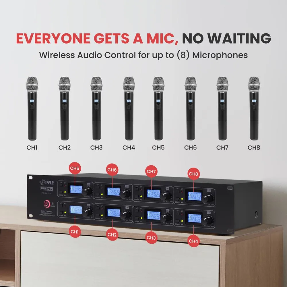 8-Channel Uhf Wireless Microphone & Receiver System, Includes (8) Handheld Wireless Mics