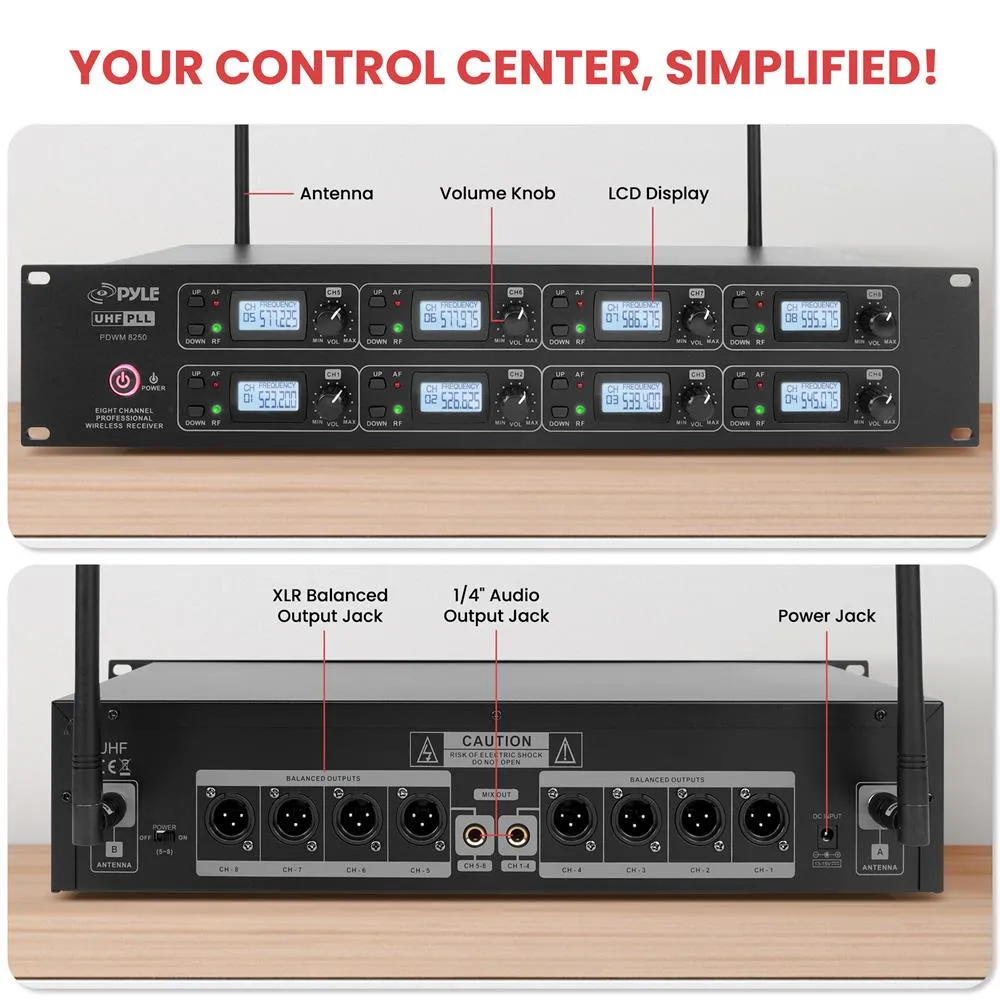 8-Channel Uhf Wireless Microphone & Receiver System, Includes (8) Handheld Wireless Mics