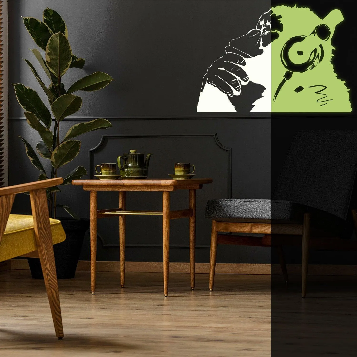 Banksy Glowing Vinyl Wall Decal Monkey With Headphones - Glow in Dark Chimp Listening to Music Earphones