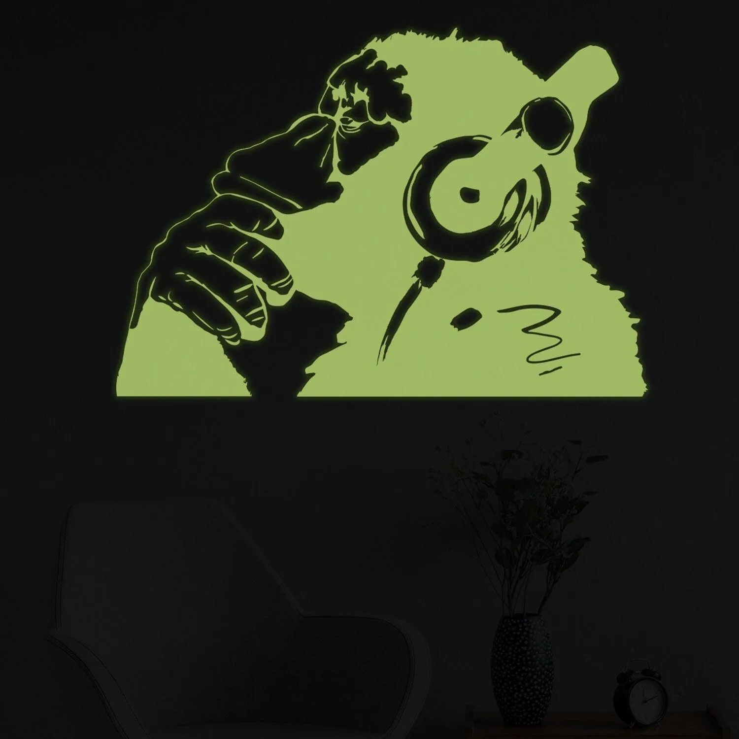 Banksy Glowing Vinyl Wall Decal Monkey With Headphones - Glow in Dark Chimp Listening to Music Earphones