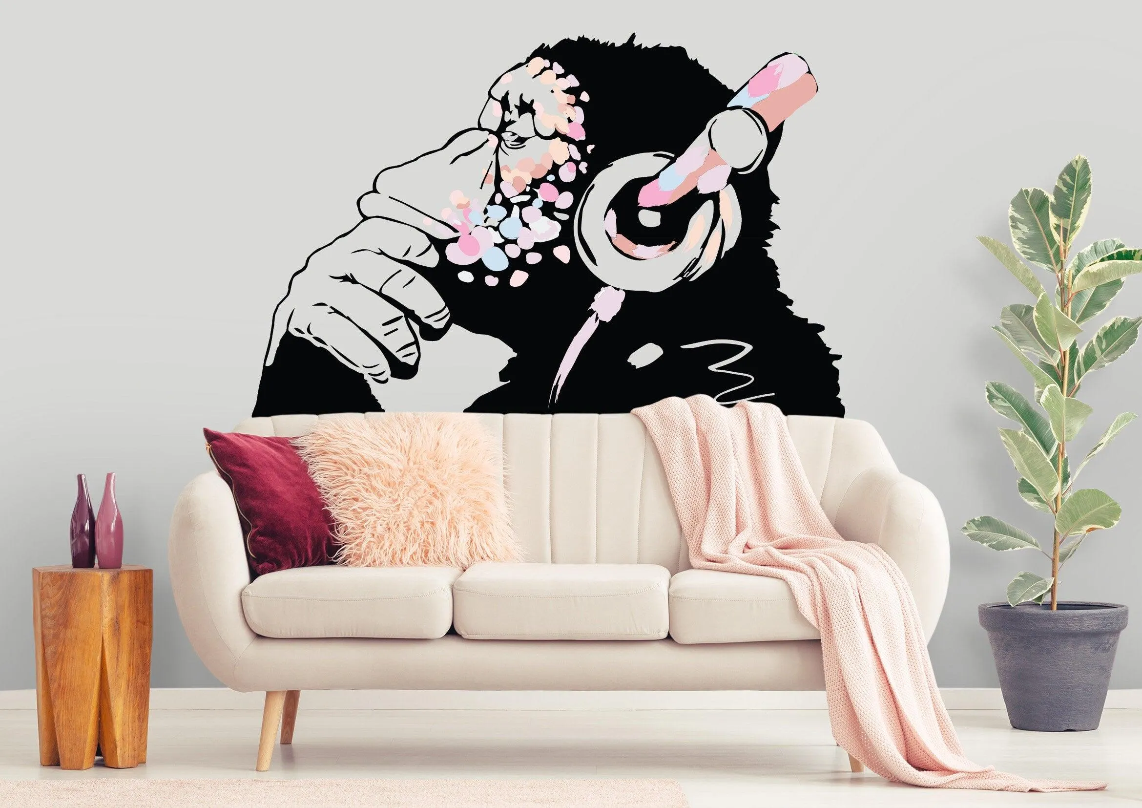 Banksy Inspired Thinking Monkey Decal In Pink Color - DJ Chimp Street Art Boho Girls Room Light-Toned Vinyl Sticker