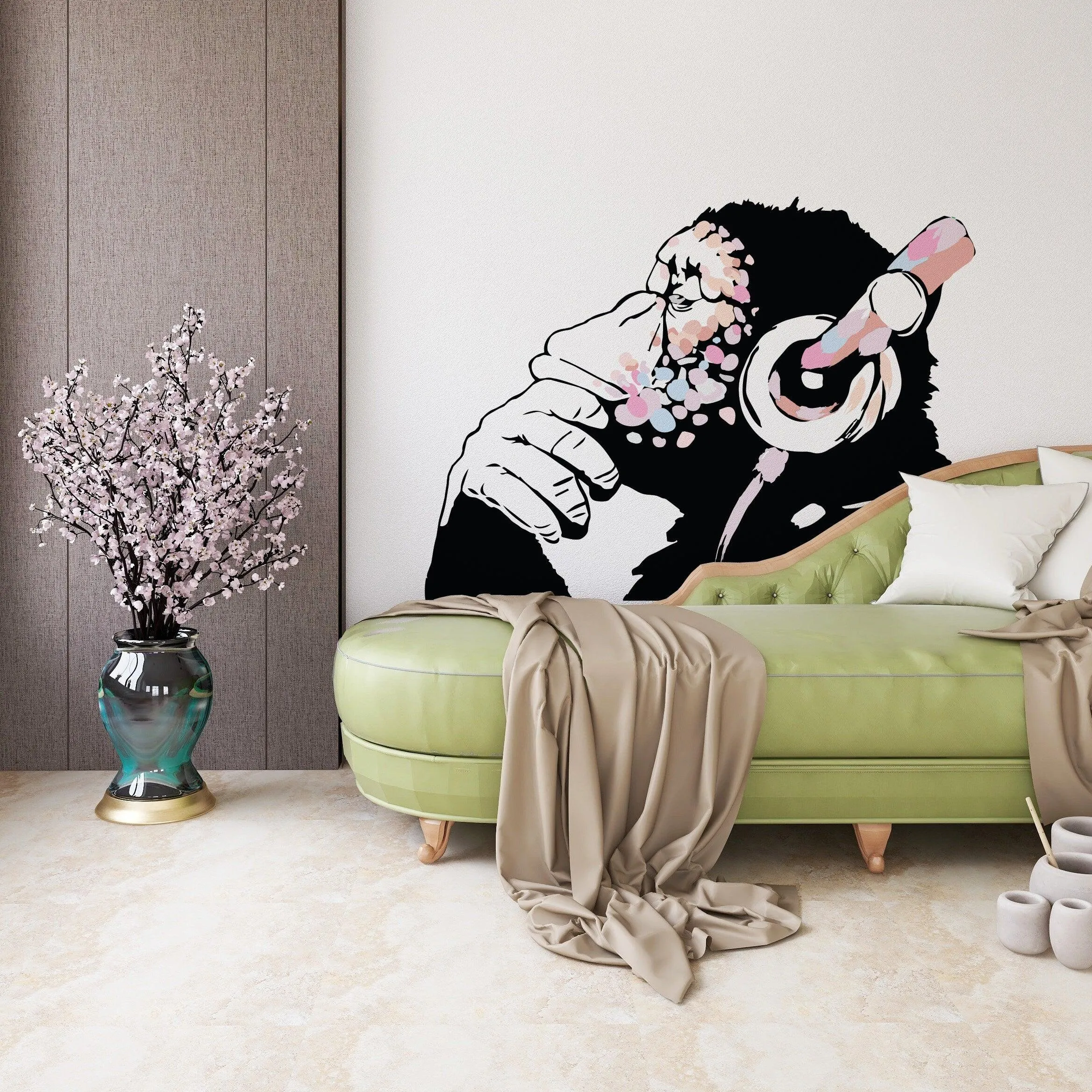 Banksy Inspired Thinking Monkey Decal In Pink Color - DJ Chimp Street Art Boho Girls Room Light-Toned Vinyl Sticker