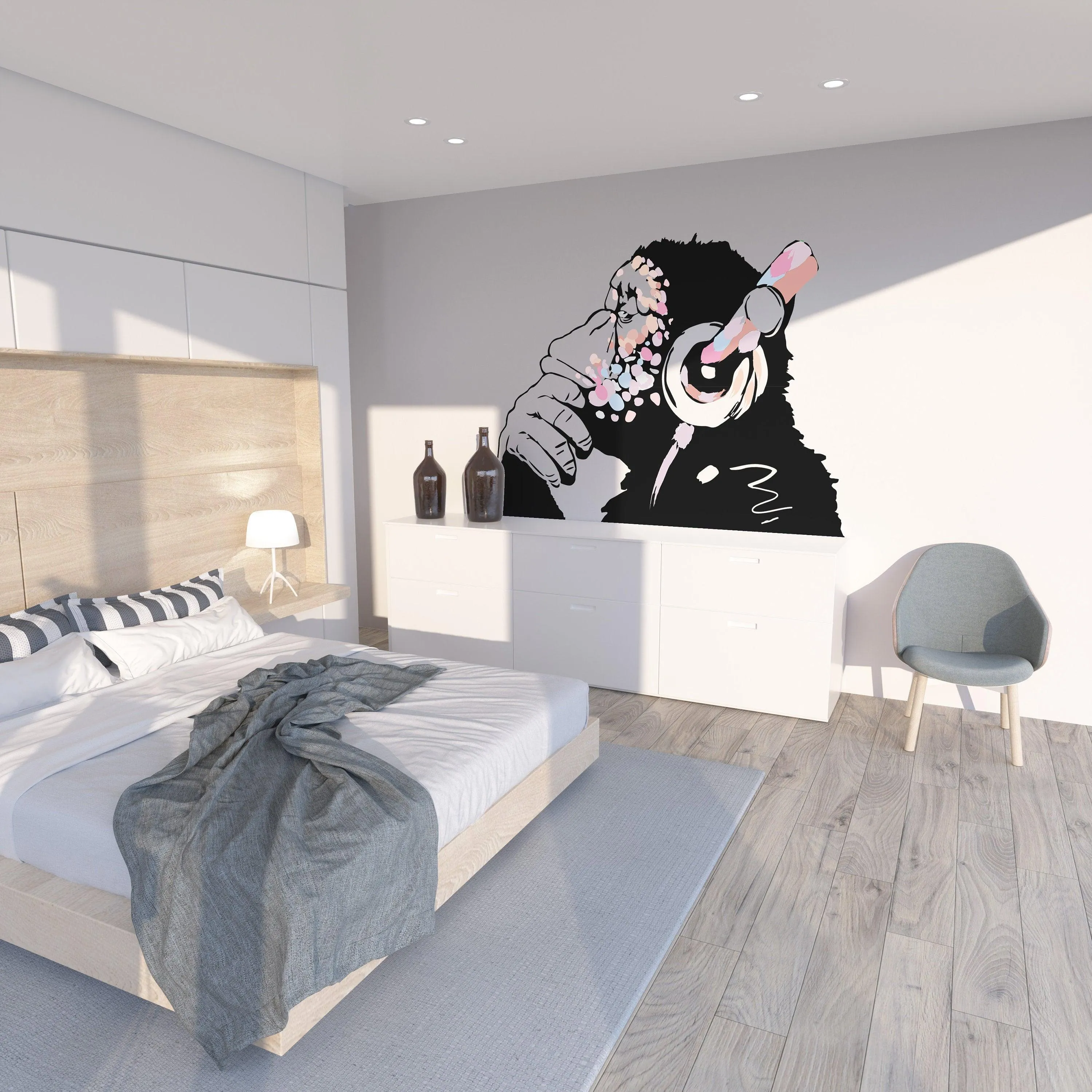 Banksy Inspired Thinking Monkey Decal In Pink Color - DJ Chimp Street Art Boho Girls Room Light-Toned Vinyl Sticker