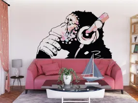 Banksy Inspired Thinking Monkey Decal In Pink Color - DJ Chimp Street Art Boho Girls Room Light-Toned Vinyl Sticker