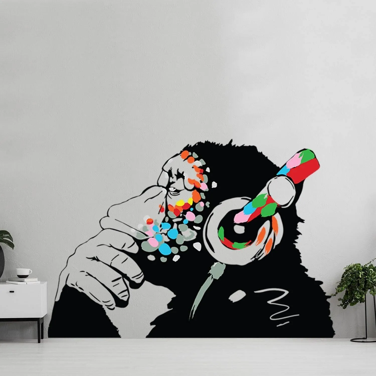 Banksy Thinking Monkey Wall Sticker - Art Vinyl Street Dj Baksy Decal - Headphones Chimp Music Thinker Graffiti Mural