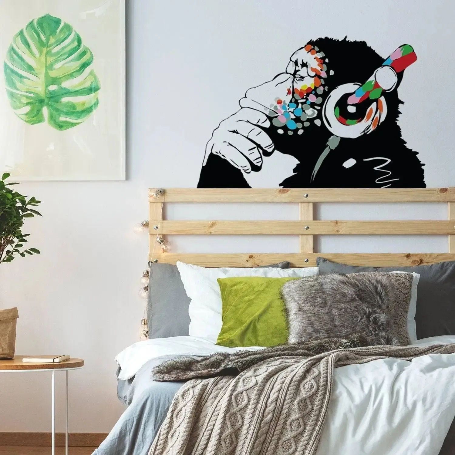 Banksy Thinking Monkey Wall Sticker - Art Vinyl Street Dj Baksy Decal - Headphones Chimp Music Thinker Graffiti Mural