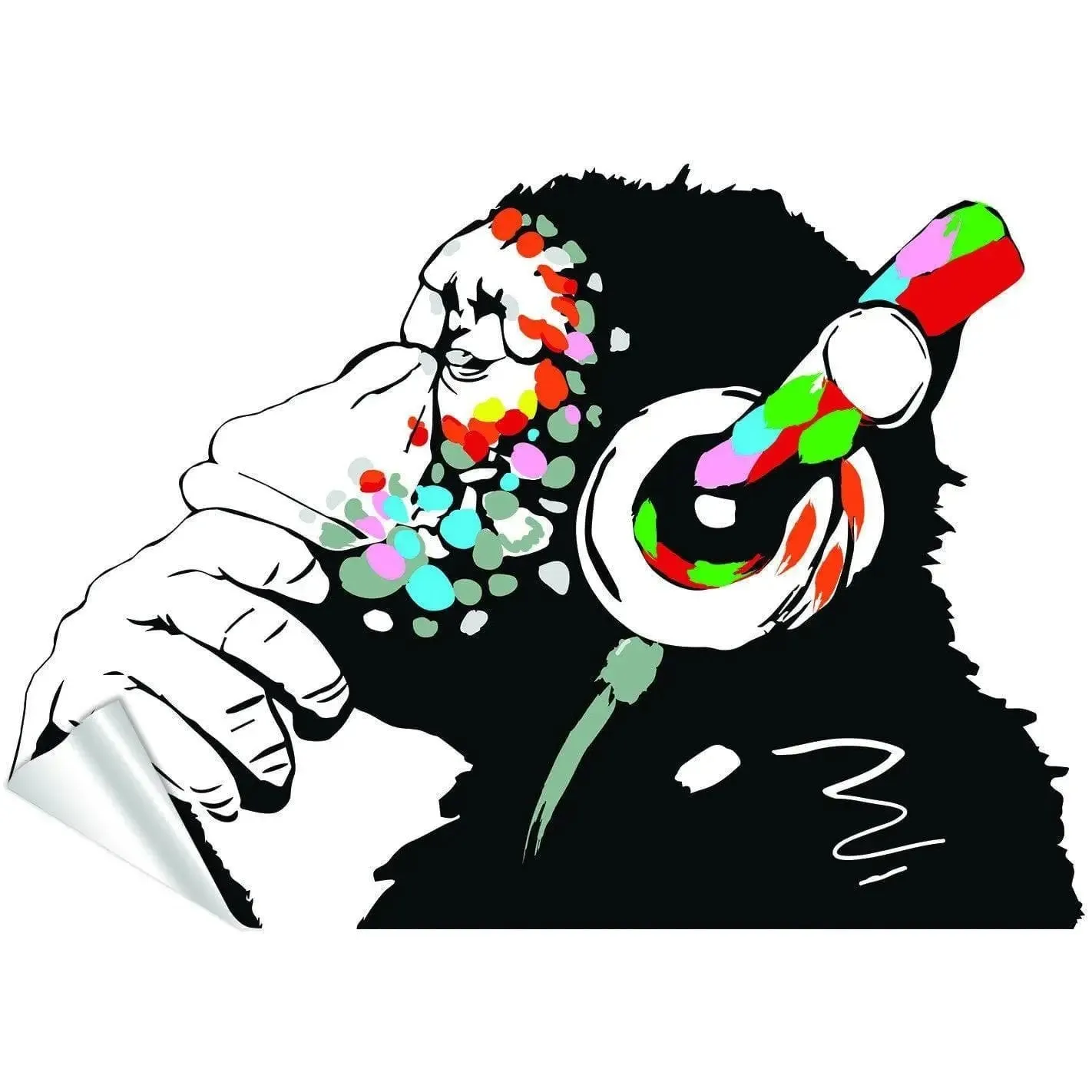 Banksy Thinking Monkey Wall Sticker - Art Vinyl Street Dj Baksy Decal - Headphones Chimp Music Thinker Graffiti Mural