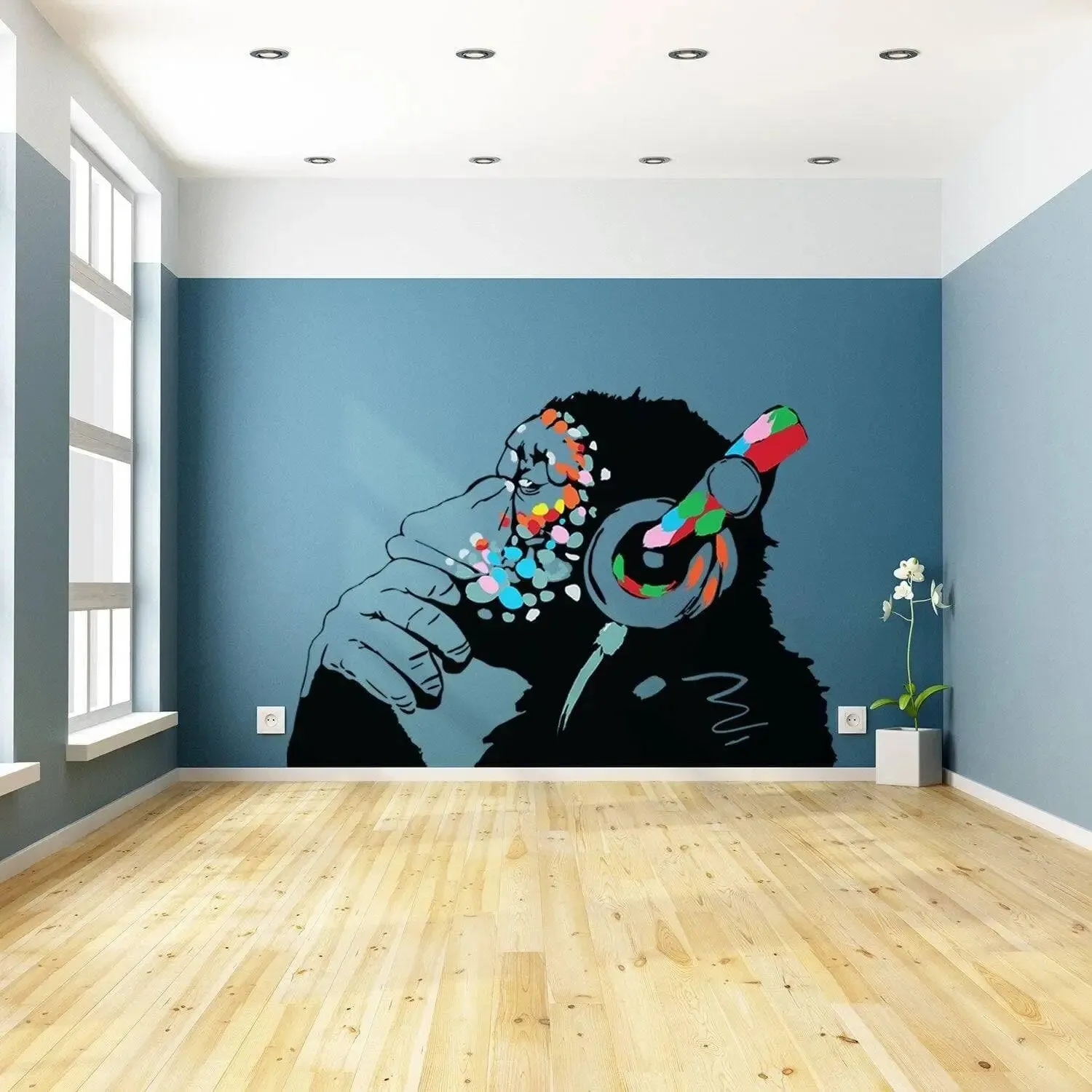 Banksy Thinking Monkey Wall Sticker - Art Vinyl Street Dj Baksy Decal - Headphones Chimp Music Thinker Graffiti Mural