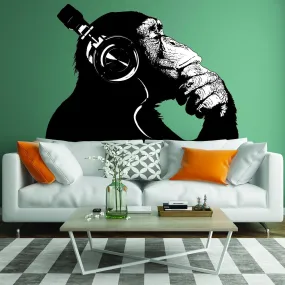 Banksy Wall Decal Thinking Monkey Art Sticker - Dj Chimp The Thinker Gorilla With Headphones Home Decals