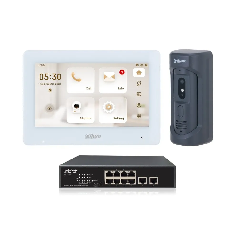 Dahua Intercom Kit, White 7-inch Touch Screen Monitor and Black Outdoor Station, KIT-DHI-7INWHT2101E-P