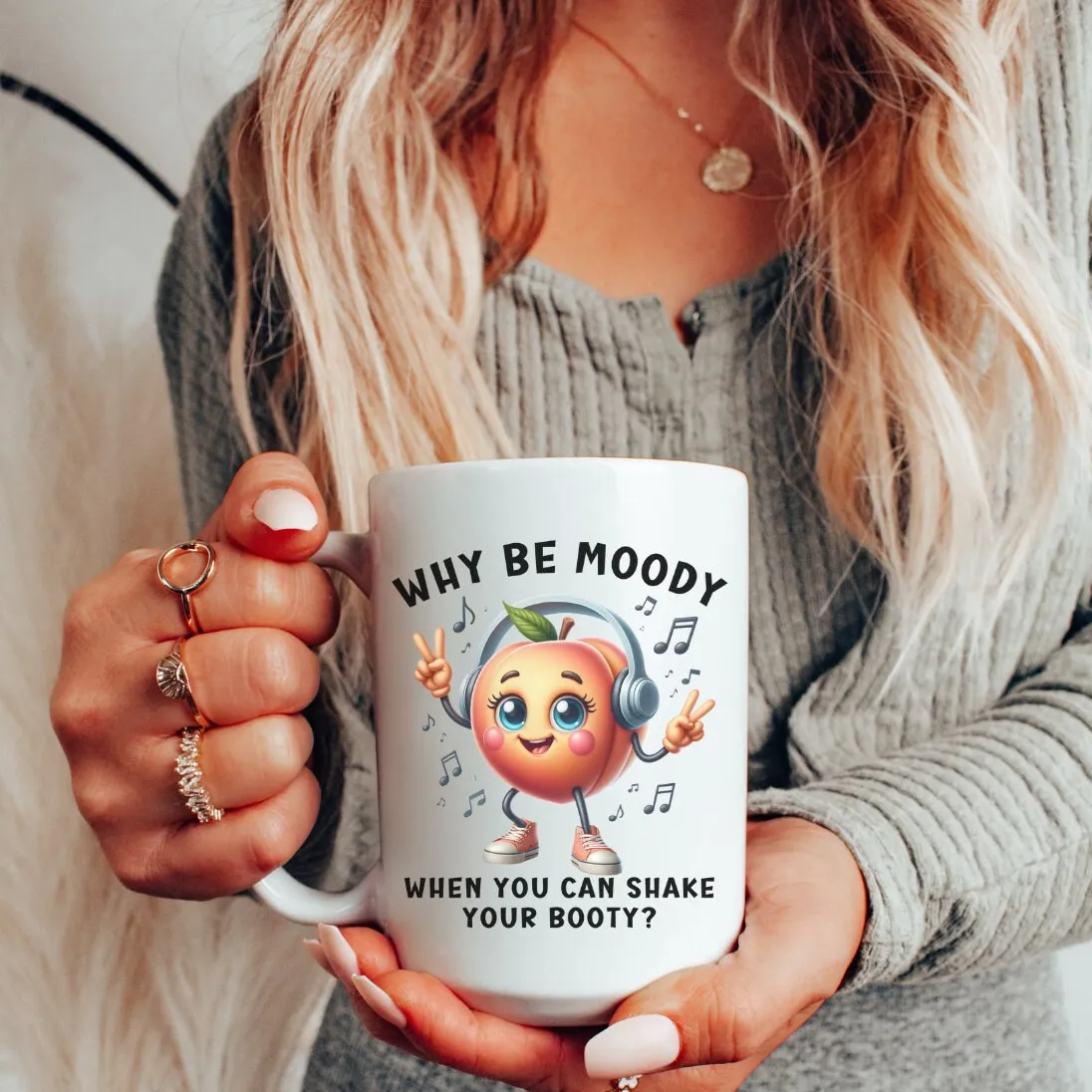 Funny Dancing Peach Mug, Why Be Moody When You Can Shake Booty, Cute Fruit Humor Coffee Cup, Unique Gift, Office Mug, Mug 15oz