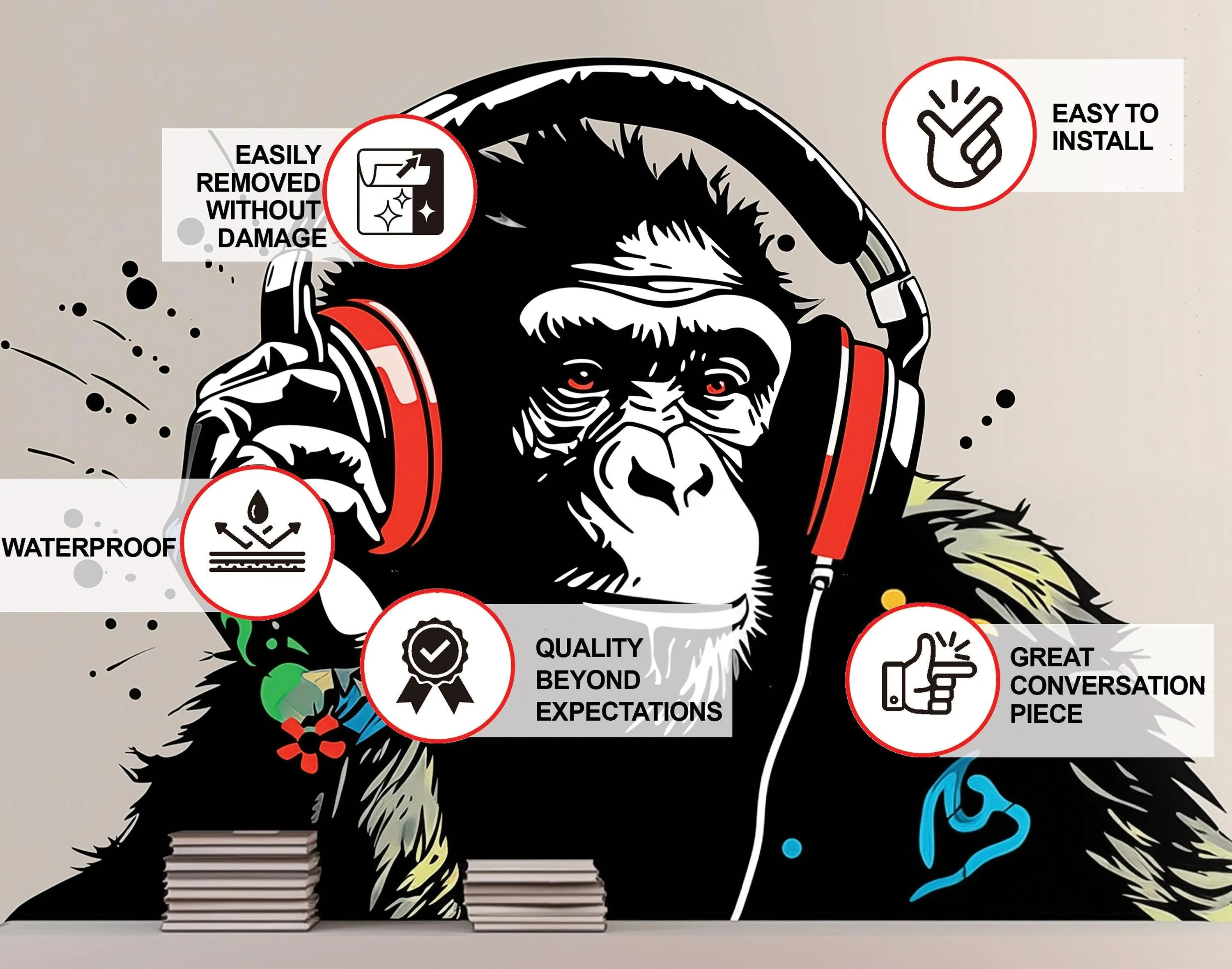 Headphone Chimp Wall Art Sticker - Urban Jungle DJ Ape Decal