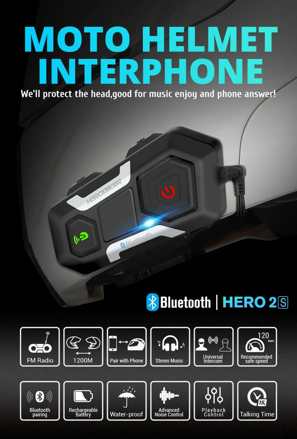 HEROBIKER Motorcycle Intercom Waterproof 1200M Bluetooth Intercom Helmet Headset Moto Headset Wireless Headset Interphone
