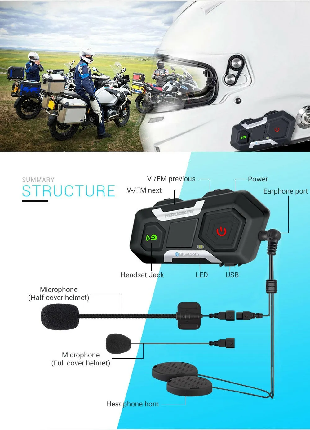 HEROBIKER Motorcycle Intercom Waterproof 1200M Bluetooth Intercom Helmet Headset Moto Headset Wireless Headset Interphone