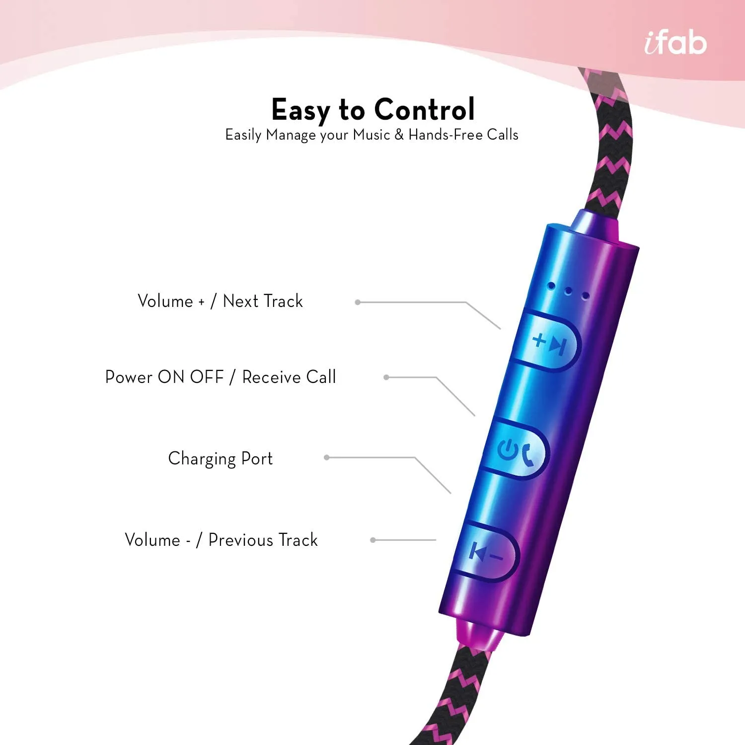 iFab Wireless Neckband Earbuds with Microphone and Control Buttons