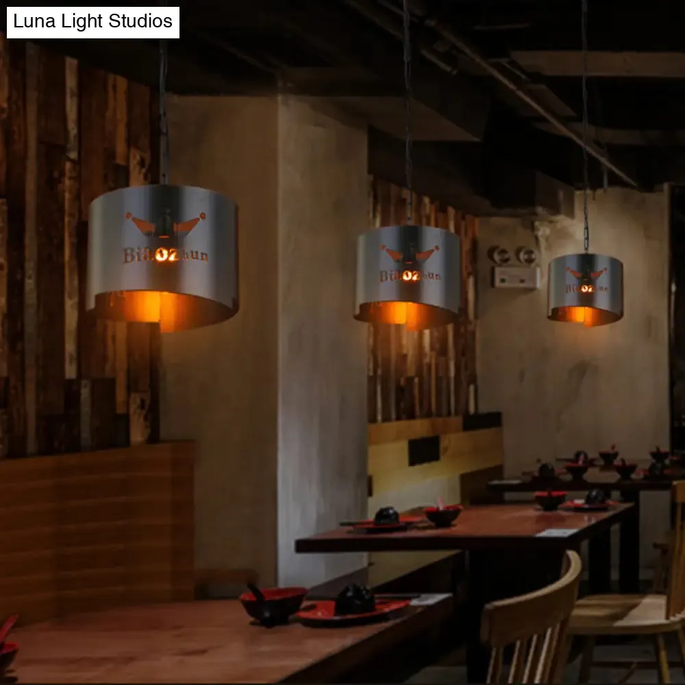 Industrial Drum Hanging Light with Hollow Metallic One Light Black Pendant for Bars