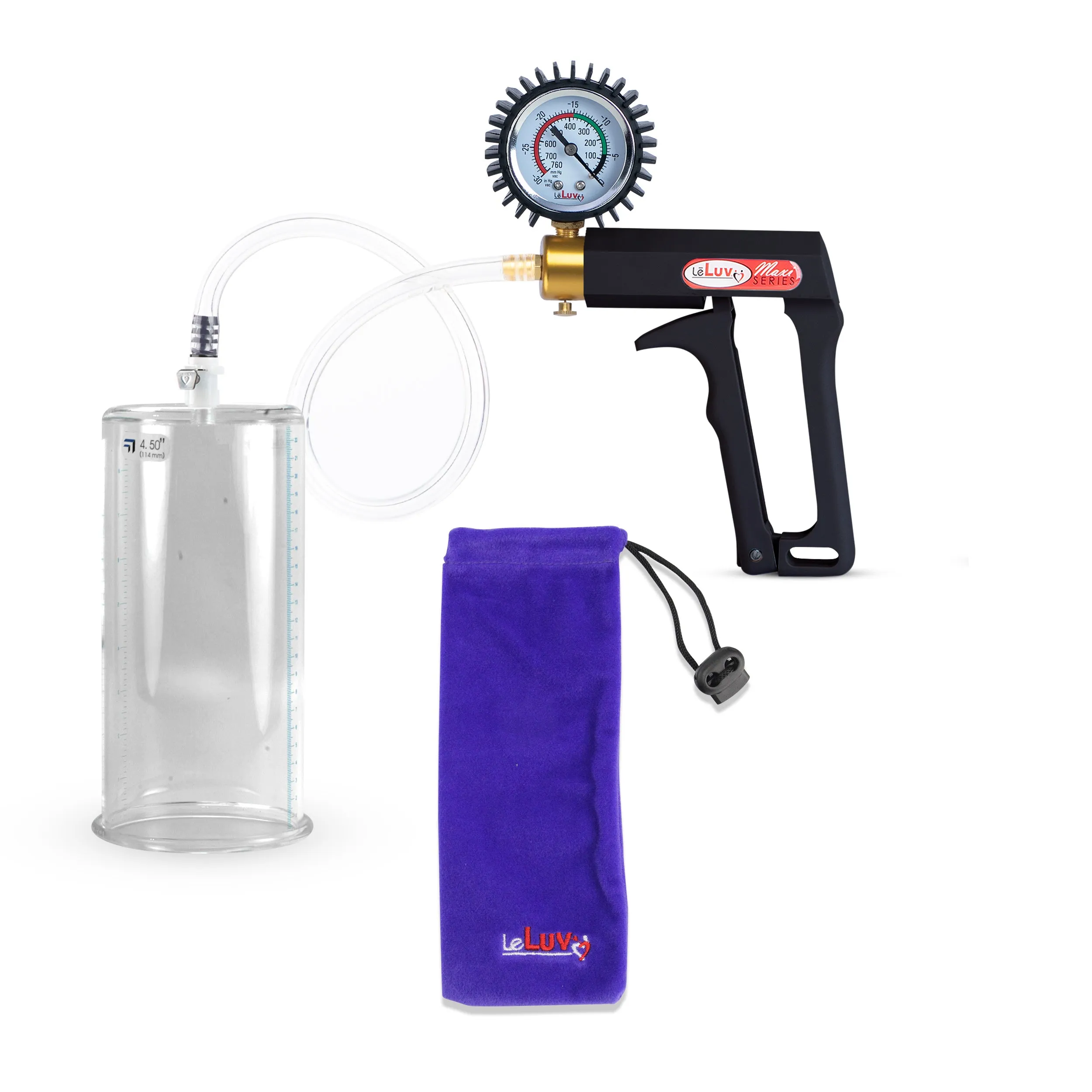 LeLuv Maxi Penis Pump | Black Handle, Clear Hose, Gauge/Protected Gauge | Round Flange Cylinder