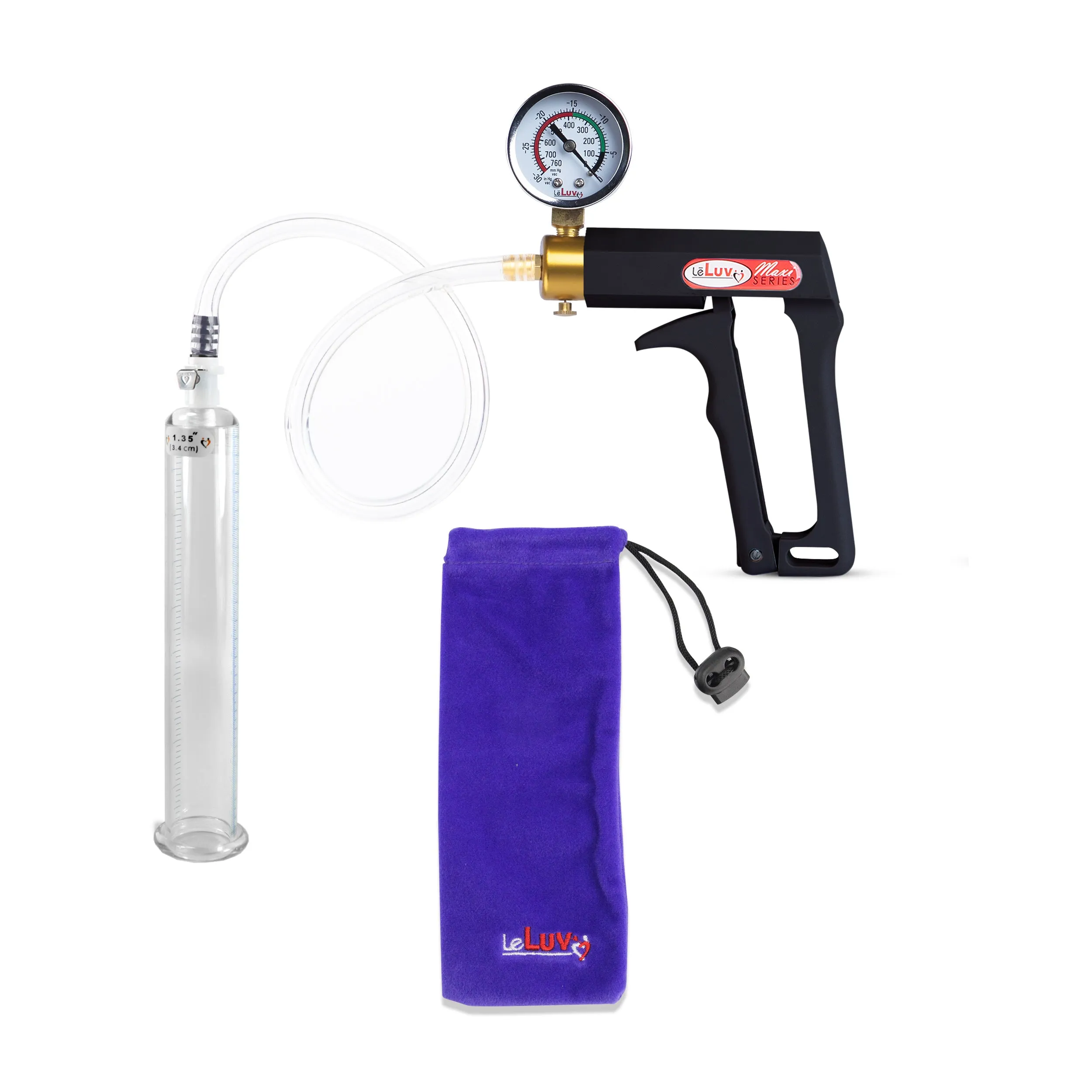 LeLuv Maxi Penis Pump | Black Handle, Clear Hose, Gauge/Protected Gauge | Round Flange Cylinder