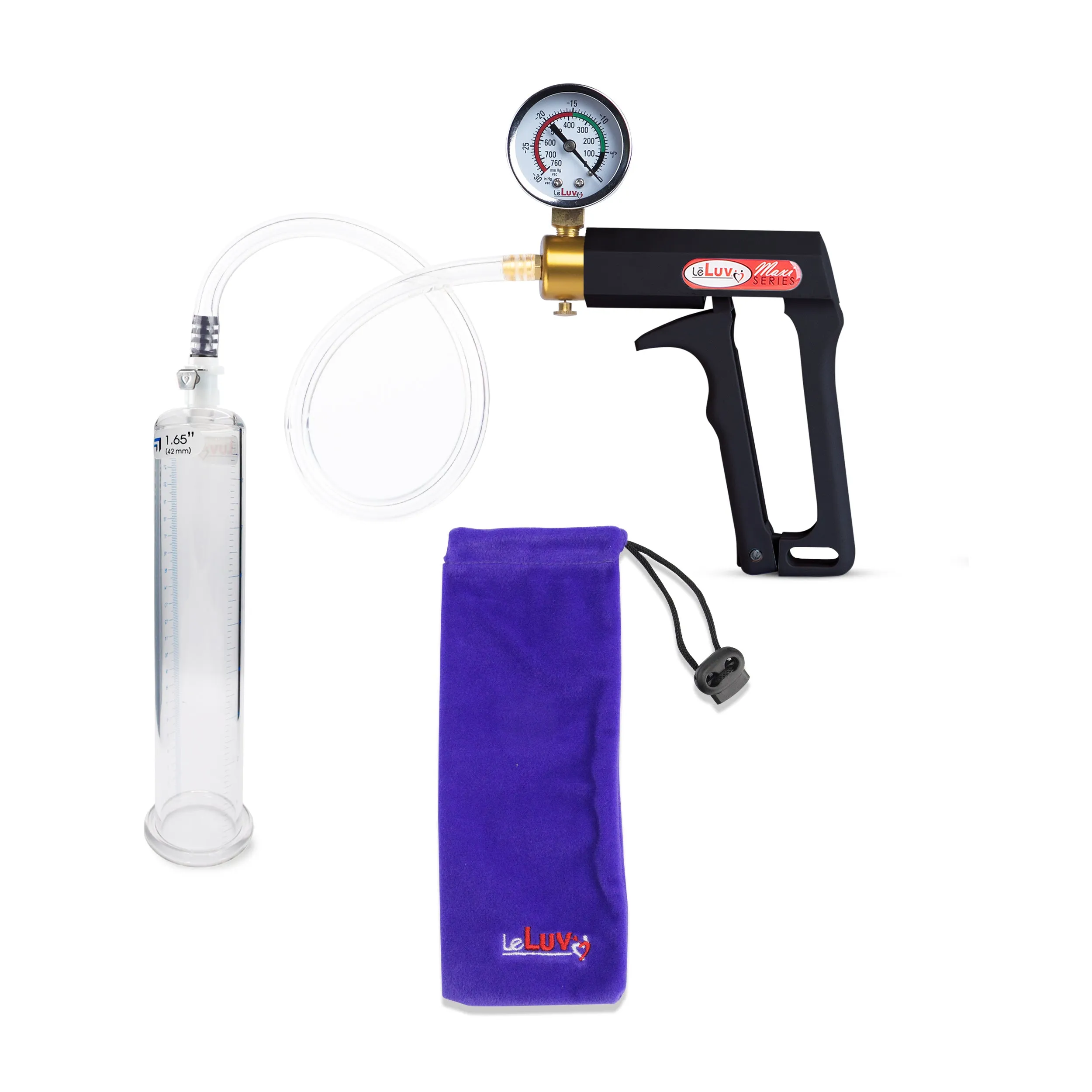 LeLuv Maxi Penis Pump | Black Handle, Clear Hose, Gauge/Protected Gauge | Round Flange Cylinder