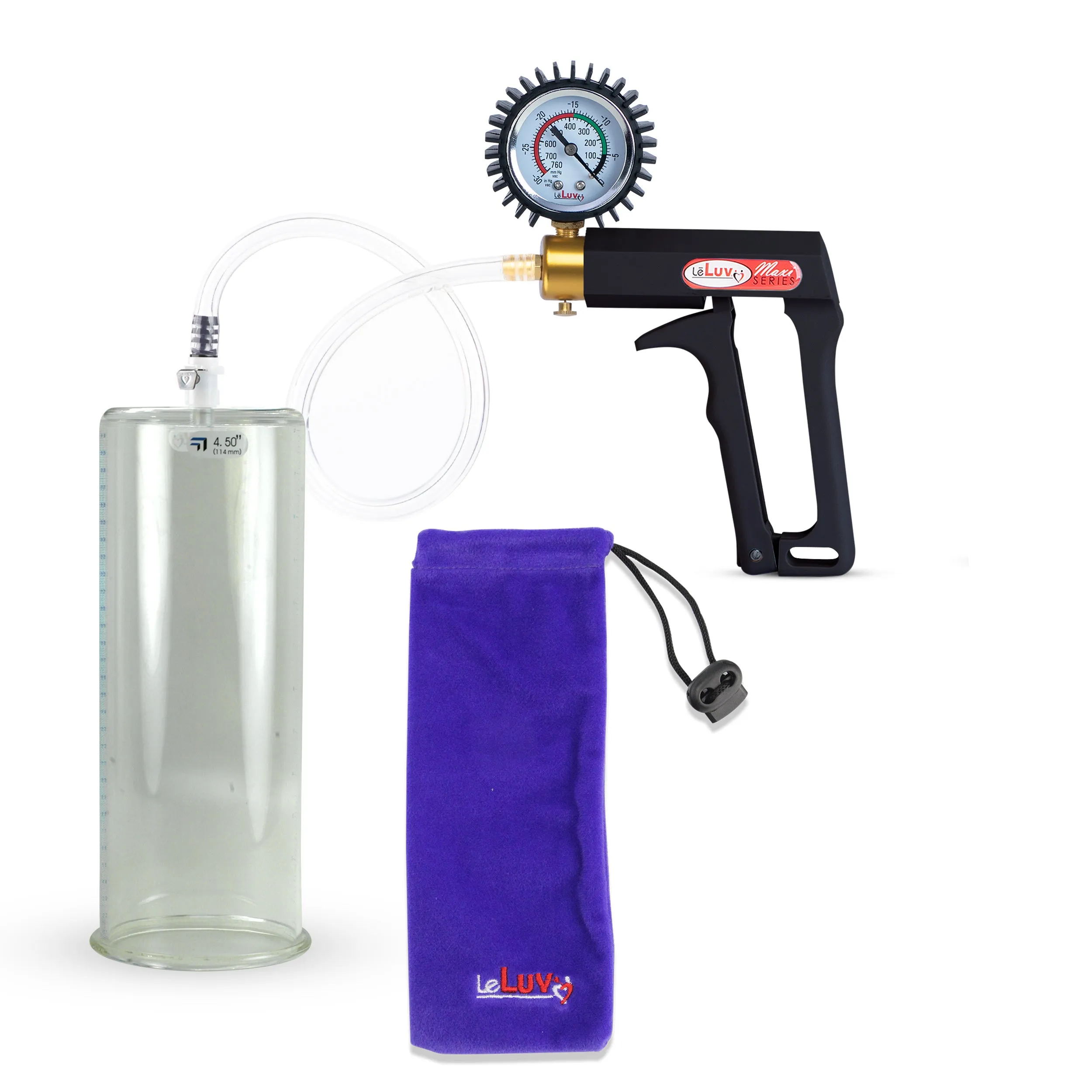 LeLuv Maxi Penis Pump | Black Handle, Clear Hose, Gauge/Protected Gauge | Round Flange Cylinder